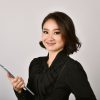 Confident business asian woman isolated in studio shot, Portrait of professional working people holding tablet computer with copy space.